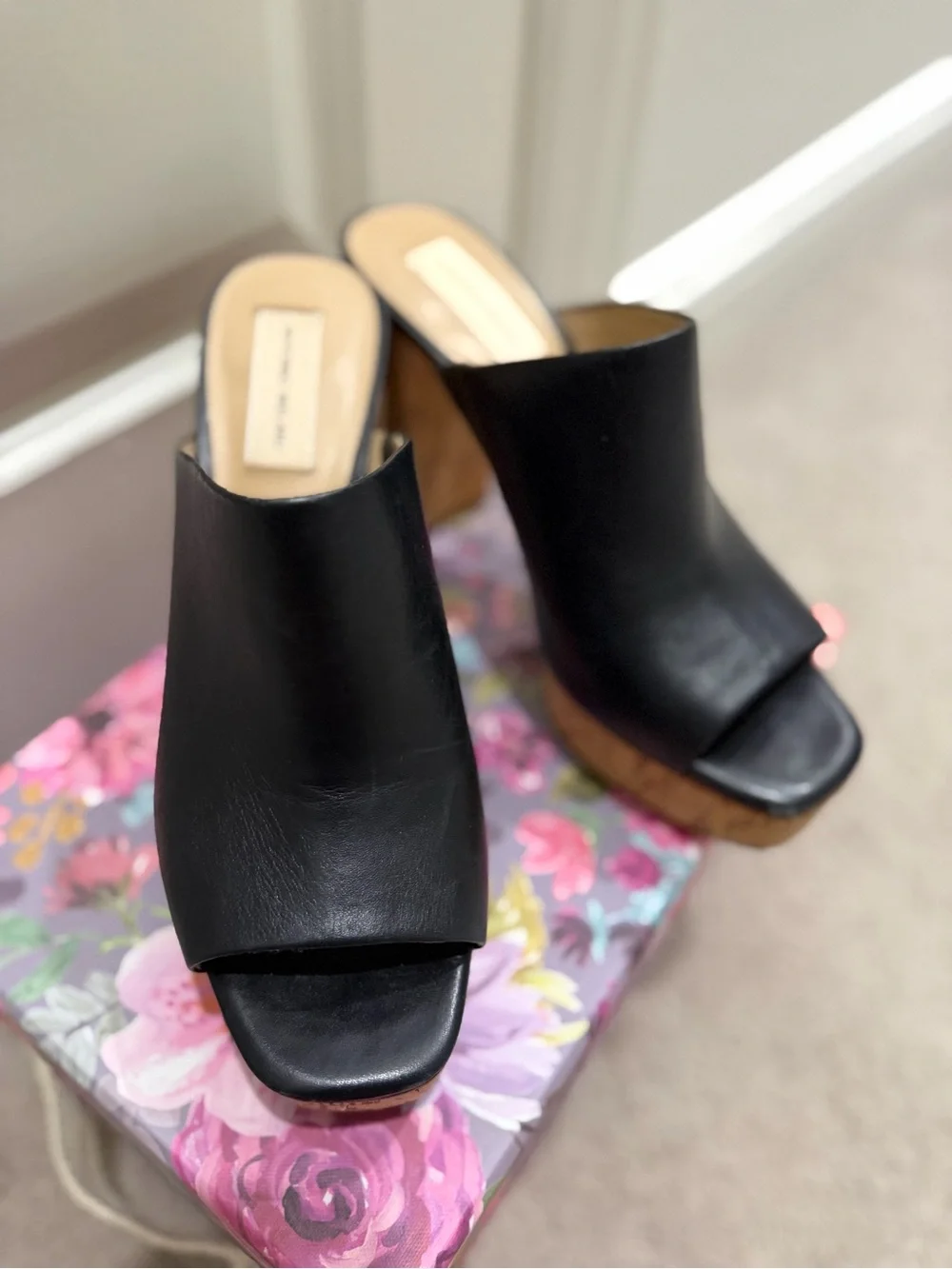 ANTONIO MELANI Black Leather Cork Platform Mule Slides